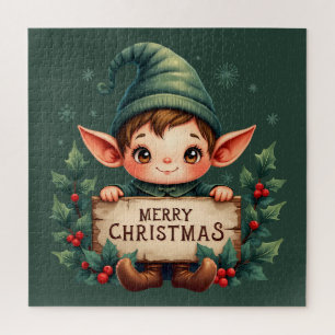 Puzzle Joli Lutin de Noël Tenant un Panneau Joyeux Vert