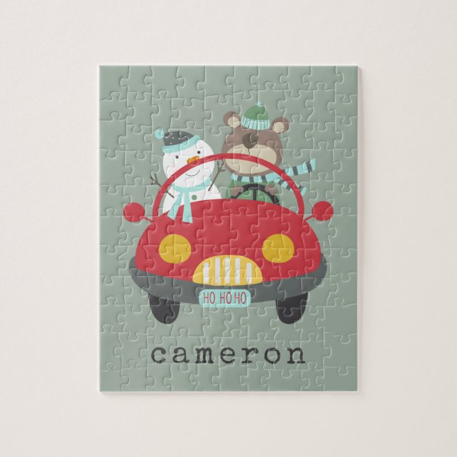 Puzzle Joli Ours de Noël Snowman Red Car Nom personnalisé (Vertical)