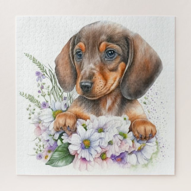 Puzzle Jolie aquarelle Dachshund Puppy Floral (Vertical)