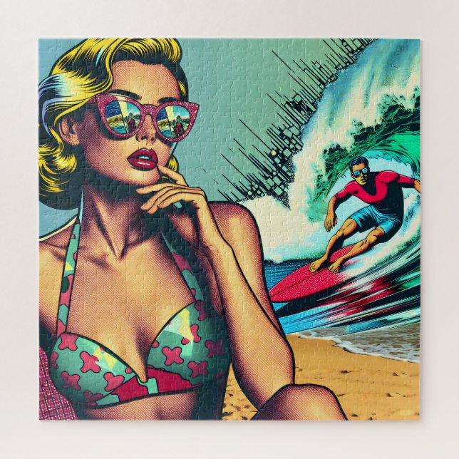 Puzzle Jolie Blonde Rétro Femme et Surfer Guy (Vertical)