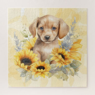 Puzzle Jolie Brown Chiot Tournesol Jaune Aquarelle
