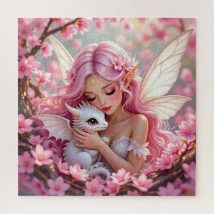 Puzzle Jolie fée elfe rose et dragon 