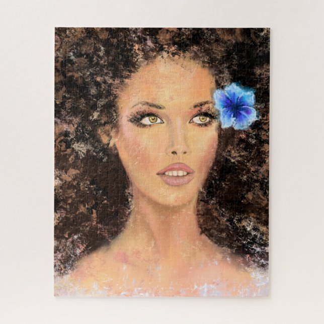 Puzzle Jolie femme avec Fleur Bleue - Peinture originale (Vertical)