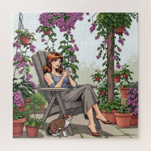 Puzzle Jolie femme buvant du café, son chien et Plantes