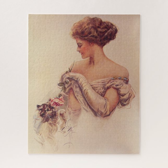 Puzzle Jolie femme tenant un chaton (par Harrison Fisher) (Vertical)