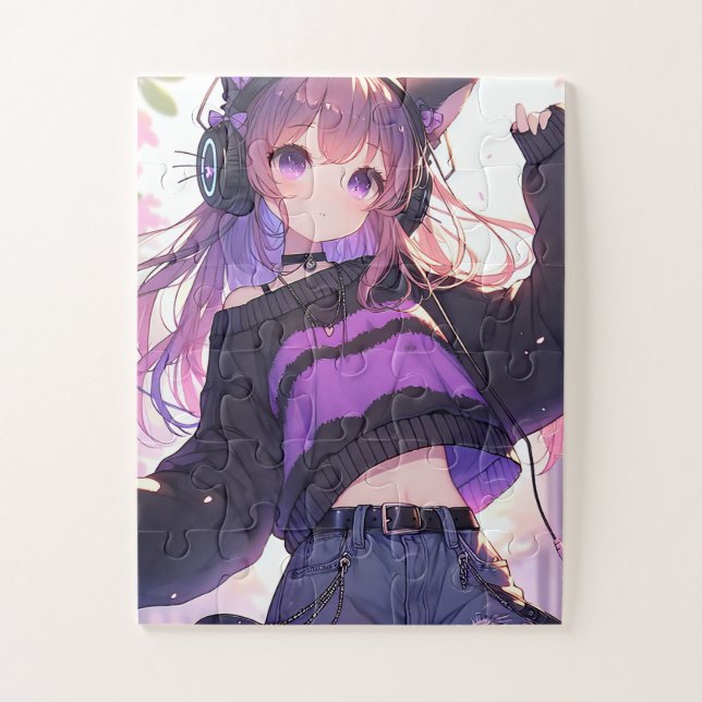 Puzzle Jolie fille Anime dans casque avec oreilles de cha (Vertical)