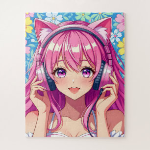 Puzzle Jolie Fille Anime Rose avec Écouteurs