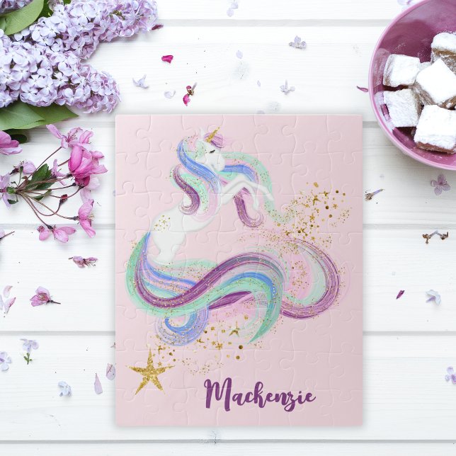 Puzzle Jolie licorne florale Enfants personnalisés (Pretty Floral Unicorn Personalized Kids Jigsaw Puzzle)