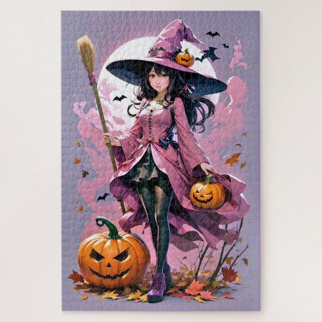Puzzle Jolie sorcière d'Halloween Animée, Jack-O-Lanterns (Vertical)