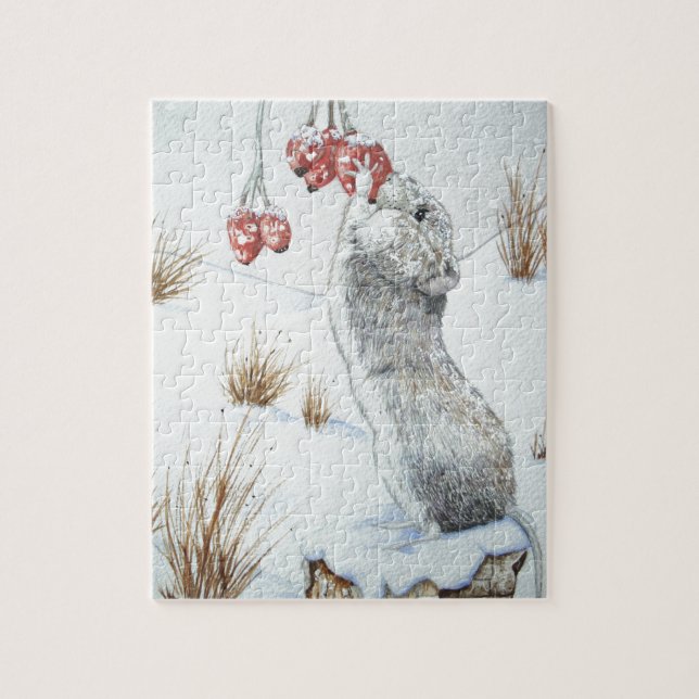 Puzzle jolie souris bois hiver neige (Vertical)