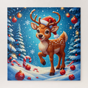 Puzzle Jolis rennes de Noël Chapeau de Père Noël Canneber