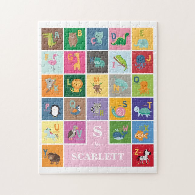 Puzzle Jote Animal Alphabet Monogram Girl Nom personnalis (Vertical)