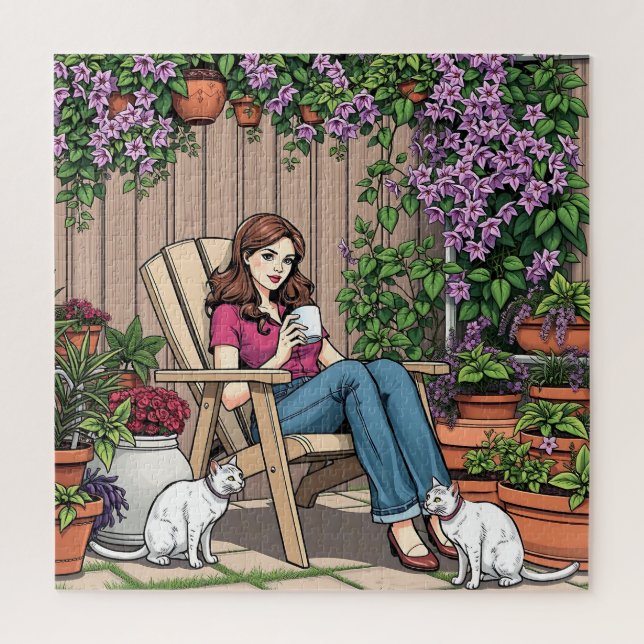 Puzzle Jour de détente | Femmes avec café, chats et Plant (Vertical)
