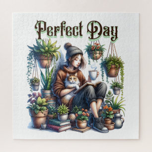 Puzzle Jour parfait   Lecture féminine avec chat et Plant