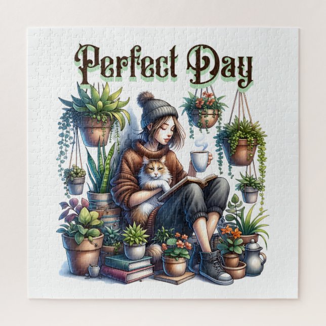 Puzzle Jour parfait | Lecture féminine avec chat et Plant (Vertical)