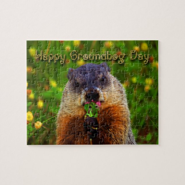 Puzzle Joyeuse Journée de la marmotte Mangeant la fleur (Horizontal)
