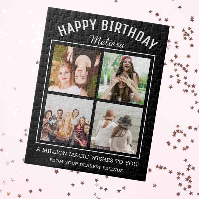 Puzzle Joyeux anniversaire 4 Collage de photos (Happy Birthday 4 Photo Collage Jigsaw Puzzle Best friend birthday gift idea)