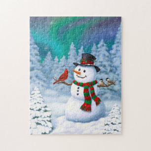 Puzzle Joyeux Bonhomme de Neige de Noël & Oiseaux Scène d