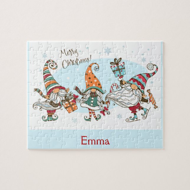Puzzle Joyeux elfes de Noël Gnomes Nom personnalisé (Horizontal)