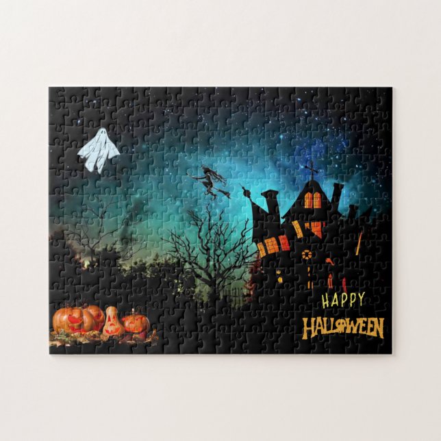 Puzzle Joyeux Halloween Scary Witch, fantôme et Citrouill (Horizontal)