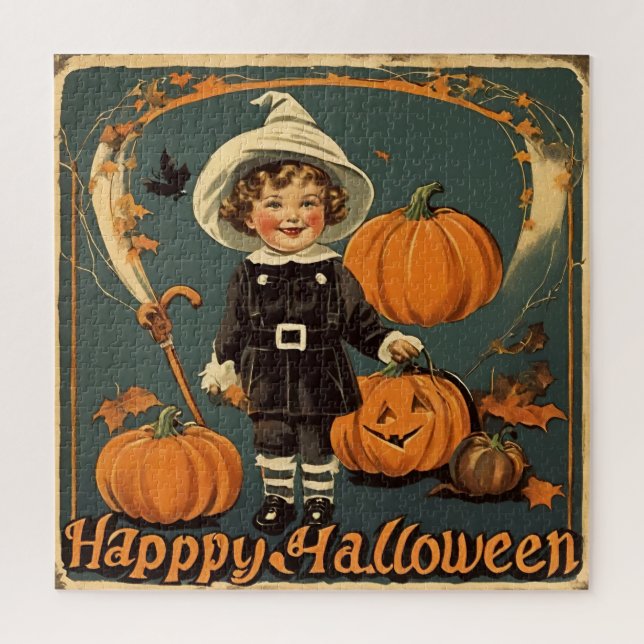 Puzzle Joyeux Halloween Vintage enfant et Citrouilles (Vertical)