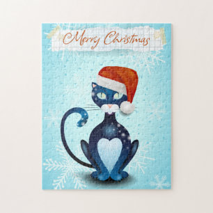 Puzzle Joyeux Noël avec chat noir avec Casquette Père Noë