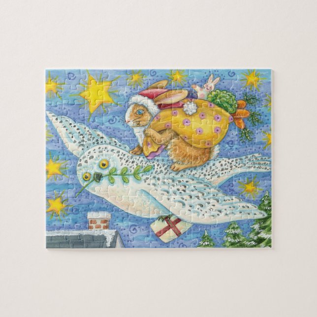 Puzzle Joyeux Noël avec un lapin en Père Noël sur un hibo (Horizontal)