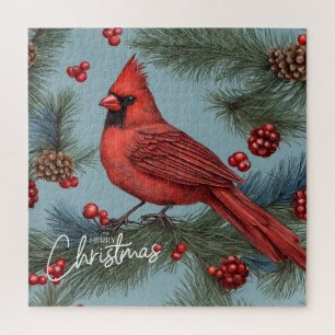 Puzzle Joyeux Noël Cardinal Rouge, Berries, Pinecones