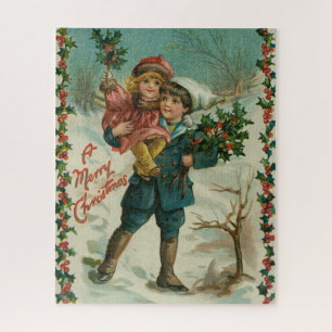 Puzzle Joyeux Noël - carte postale rétro, enfants, houx
