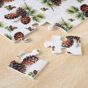 Puzzle Joyeux Noël Cônes de pin bruns Feuillage vert