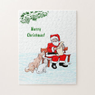 Puzzle Joyeux Noël! Père Noël avec chat et chien