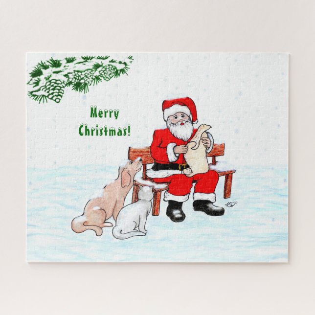 Puzzle Joyeux Noël! Père Noël avec chat et chien (Horizontal)