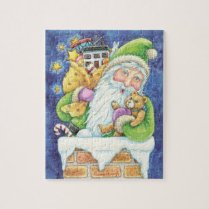 Puzzle Joyeux Noël, Père Noël dans la cheminée avec des j