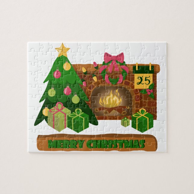 Puzzle Joyeux Noël près de la cheminée bonfire xmas arbre (Horizontal)