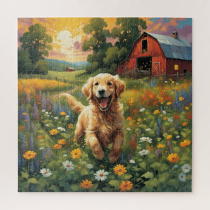 Puzzle Joyful Golden Retriever frolicking sur le ranch