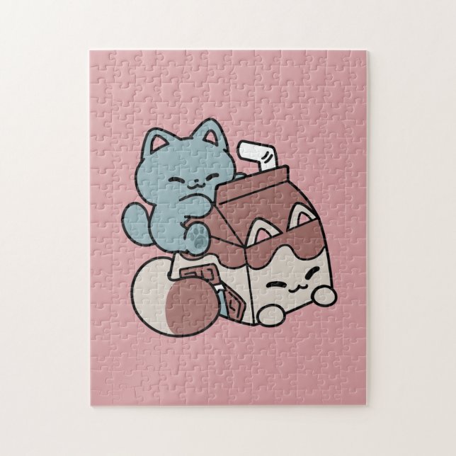 Puzzle Kawaii Chocolate Milk Cat – Cozy Drink & Cuteness  (Vertical)