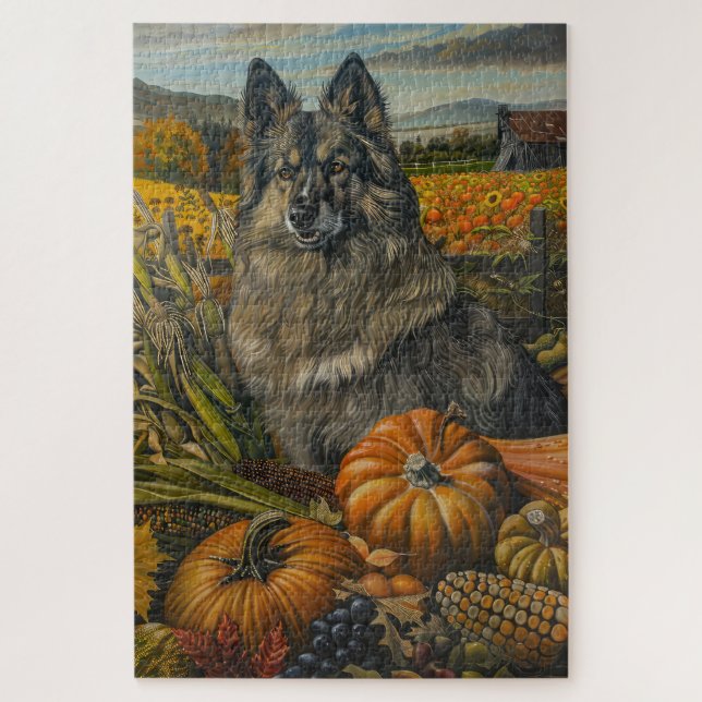 Puzzle Keeshond Chien automne récolte Thanksgiving (Vertical)