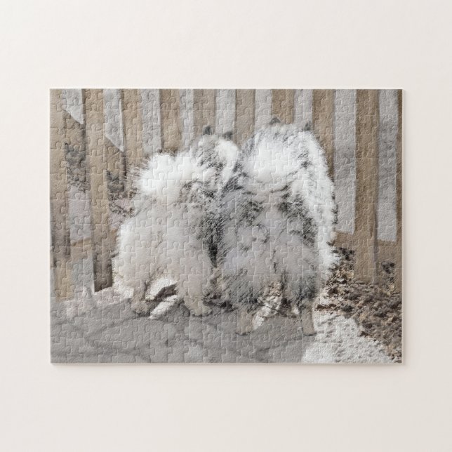 Puzzle Keeshonds at the Gate Painting - Original Dog Art (Horizontal)