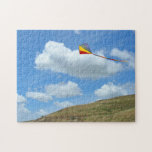Puzzle - Kite Flying Over Hill<br><div class="desc">Four color diamond kite (red,  yellow,  green,  blue) against blue sky with white fluffy clouds,  flying over the hills. *** Part of coordinated set - BKM3p.</div>