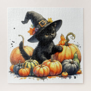 Puzzle Kitten d'Halloween noir avec Citrouilles et Casque