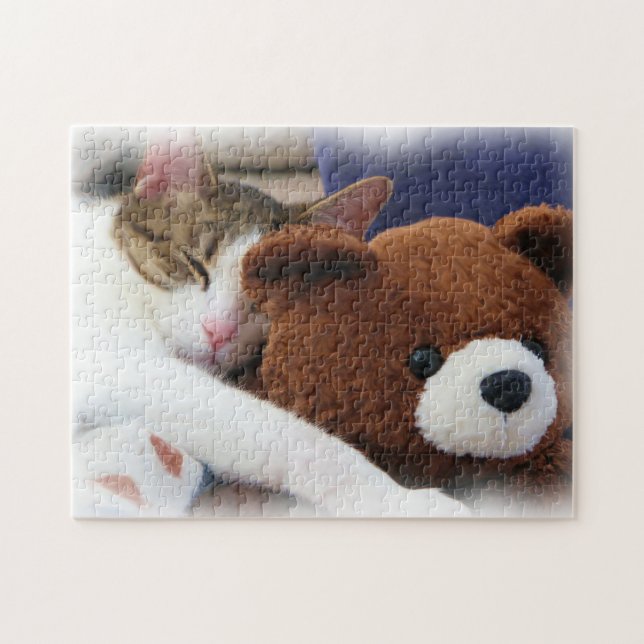 Puzzle Kitty dormant avec l'ours de nounours (Horizontal)