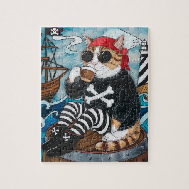 Puzzle Kitty Pirate en pull noir flou avec un café (Vertical)