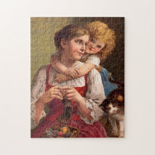 Puzzle Knitting mother with child and cat
