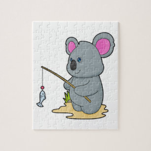 Puzzle Koala en Fisher avec la canne à pêche et le poisso