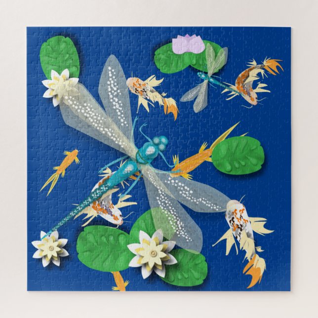 Puzzle Koi Carp, Water Lily et Blue Dragonlies (Vertical)