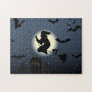 Puzzle la scène d'halloween de la sorcière volante
