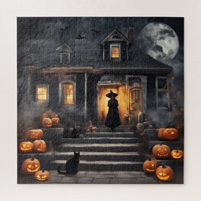 Puzzle La sorcière d'Halloween et la maison hantée (Vertical)