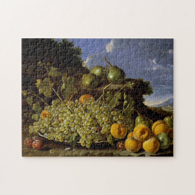 Puzzle La vie toujours avec le plat des raisins, pêches, (Horizontal)