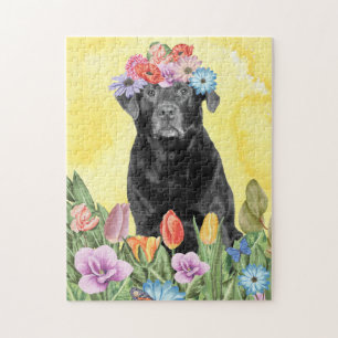 Puzzle Labrador Chien avec fleurs Printemps