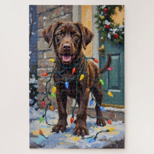 Puzzle Labrador chocolat empêtré dans les lumières de Noë